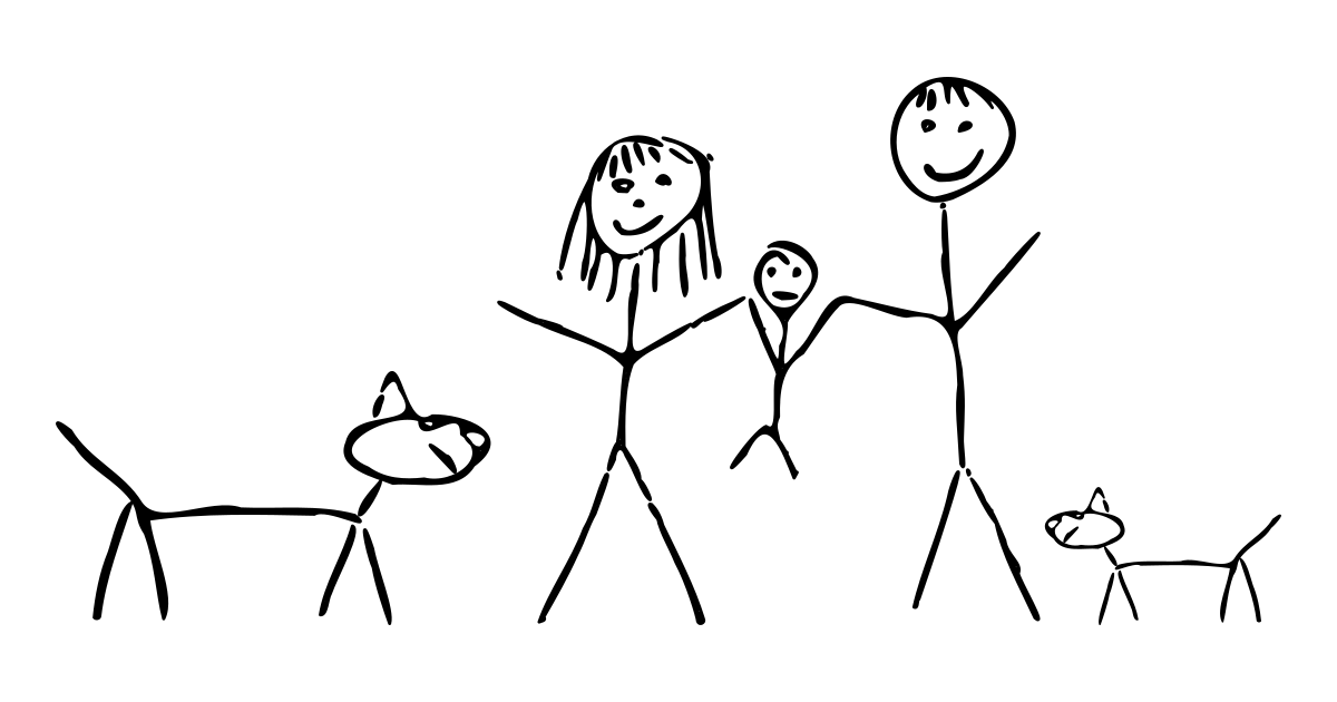 Stick figure drawing of a mom, dad, baby, and two dogs.